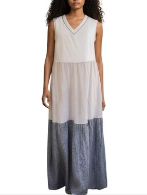 *NWT* Joie Sleeveless Linen Blend Tiered Maxi Dress White, Light & Dark Gray M